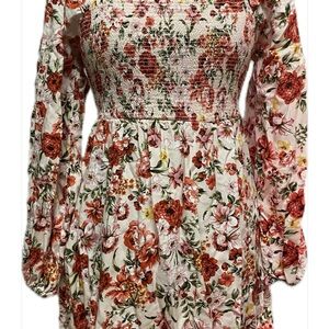 Old Navy Red Pink Smocked Floral Sundress w/ Bishop Sleeves Boho Festival Sz XS